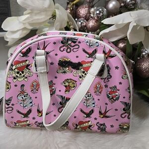 ED HARDY PINK BOWLER HEART & SWORD EAGLE TIGER SNAKE SKULL BIRDS SATCHEl New